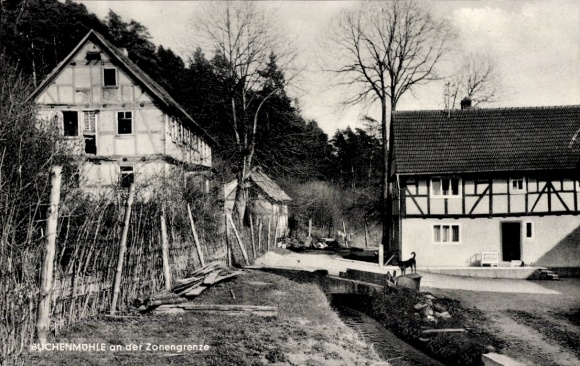 Postcard Soisdorf Eiterfeld in Hesse, old beech mill on the zone border