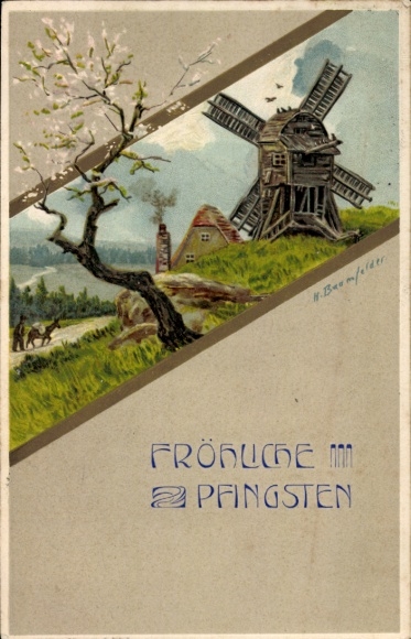 Artist Postcard Baumfelder, H., Happy Pentecost, Windmill