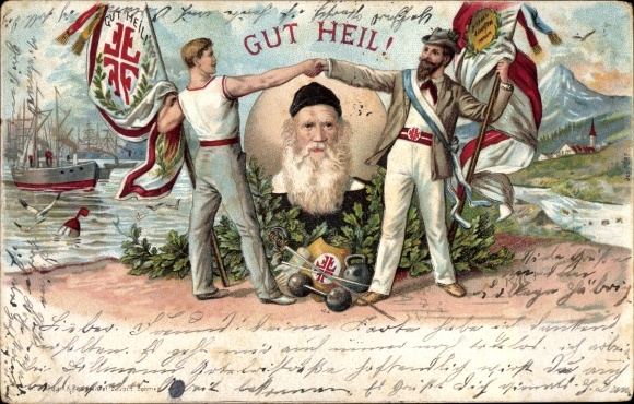 Chromo-Litho Gut Heil, gymnasts shake hands, gymnastics father Jahn