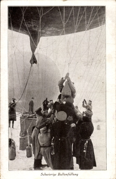 Postcard Difficult balloon filling, tethered balloon is filled with gas