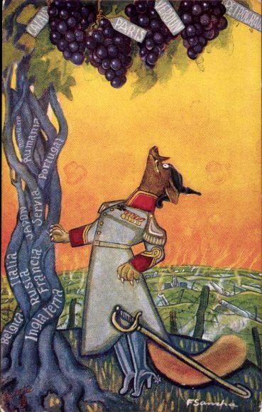 Artist Postcard The Fox and the Grapes, Kaiser Wilhelm II as a Fox, Battlefield, I. WK