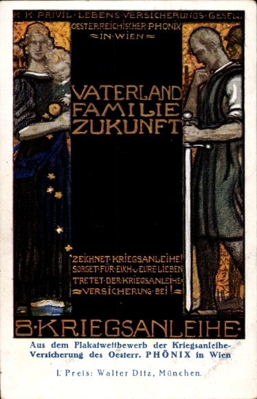 Postcard Fatherland Family Future, War Bonds, War Aid, War Bond Insurance Phoenix