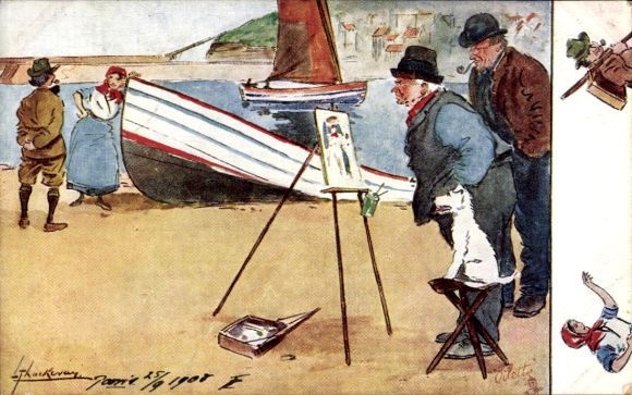 Artist Postcard Thackeray, Lance, painter, fisherman, easel, dog