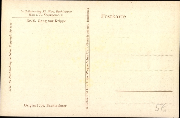 Kunstenaarskaart Bachlechner, Jos., nr. 6, loop naar de wieg