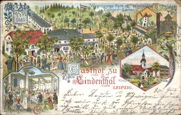 Litho Lindenthal Leipzig, Gasthof, Vergnügungs-Park und Windmühle, Café, Schule, Kirche