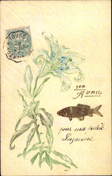 Postcard April 1st, Ier Avril, blossom, fish, lily