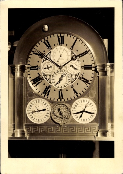 Postcard Glashütte in Saxony, art clock engineering school, detailed clock with multiple dials