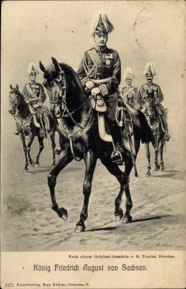Artist Postcard Trache, R., King Friedrich August III of Saxony on horseback, order, plume
