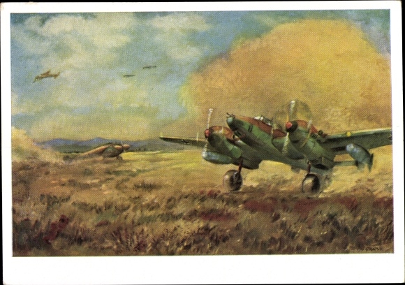 Künstler Ak Strauß, Wilhelm, Vor dem Start, Sizilien, Kampfflugzeug Messerschmitt Me 110, Luftwaffe