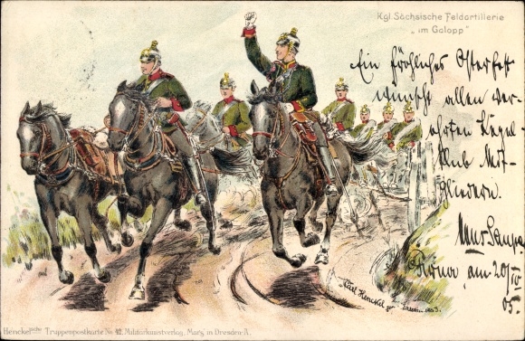 Kunstenaar litho Henckel, Carl, Royal Saxon veldartillerie in galop