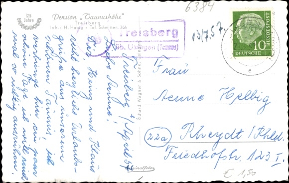 KP kraj stempla pocztowego Treisberg Üb. Używanie (Taunus)