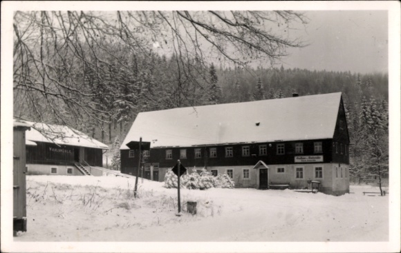 Postcard Dippoldiswalde in the Ore Mountains, snow-covered landscape, buildings, restaurant Wahlsmühle