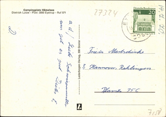 Postcard Heemsen in Lower Saxony, campsite on Hämelsee, tents, caravans, jetty, inh. Dietrich Lutze