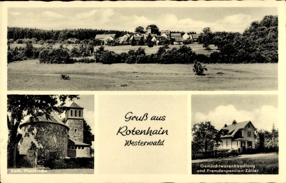 Postcard Rotenhain Rotzenhahn in the Westerwald, Panorama, General Store Zöller, Parish Church