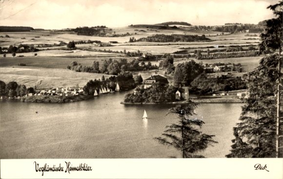 Postcard Erlbach in the Vogtland, Vogland landscape, dam, sailboat, building, nature scene