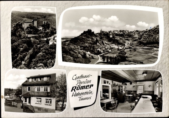 Postcard Hohenstein im Taunus, Inn-Pension Römer, interior, panorama of the place