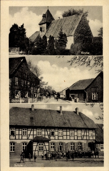 Postcard Hillerse in the district of Gifhorn, church, village street, school, butcher shop W. Sievers
