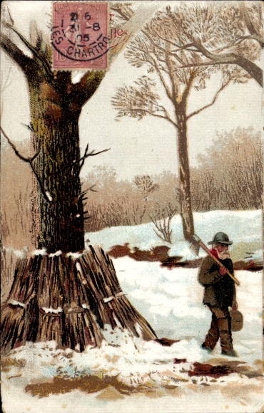 Picture La Chartre sur Loir Sarthe, man with axe walking past a tree trunk, in the background...