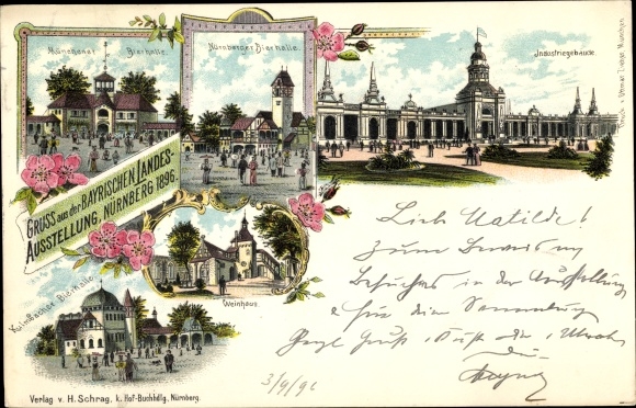 Chromo-Litho Nuremberg, Bavarian State Exhibition 1896, beer halls, wine house, industrial buildings