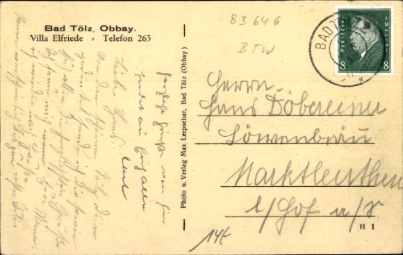Postcard Bad Tölz in Upper Bavaria, Pension Villa Elfriede