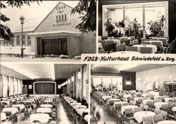 Postcard Schmiedefeld am Rennsteig Suhl Thuringia, FDGB Cultural Center, interior views, tables and chairs...