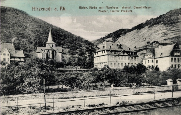 Postcard Hirzenach Boppard am Rhein, church, rectory, Benedictine monastery
