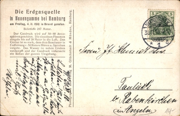 Postcard Hamburg Bergedorf Neuengamme, natural gas source, caught fire 4.11.1910