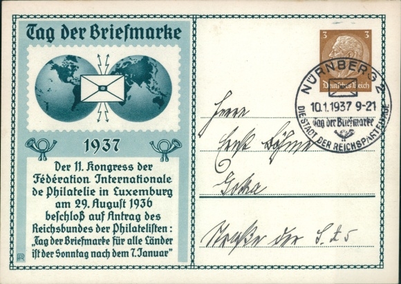 Postwaardestukken Briefkaart Dag van de Postzegel 1937, 11e Congres Fédération Int. de Filatelie, Luxemburg