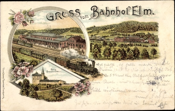 Chromo-Litho Elm Schluechtern in Hesse, train station, Brandenstein Castle