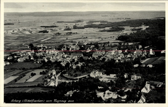 KP Arberg w środkowej Frankonii, widok z lotu ptaka na Arberg, pola, wioski, panorama