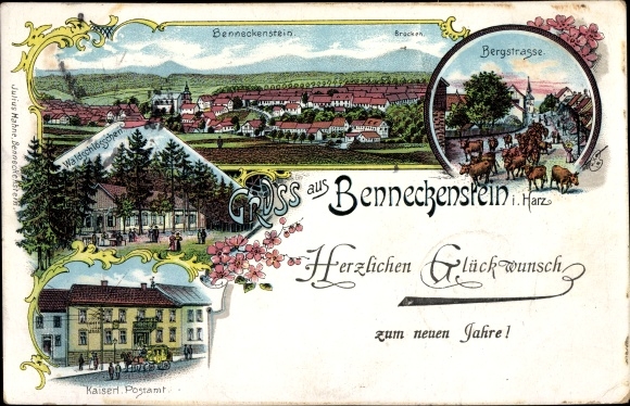litho Benneckenstein Oberharz, bergweg, vee, postkantoor, Waldschlösschen, totaaloverzicht