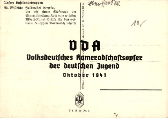 Artist Postcard Willrich, Wolfgang, Sergeant Helmut Arpke, Airborne Troops, Knight's Cross Recipient, VDA