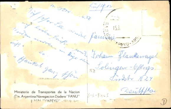 Postcard passenger ship MN Yapeyù, Flota Argentina de Navegación de Ultramar