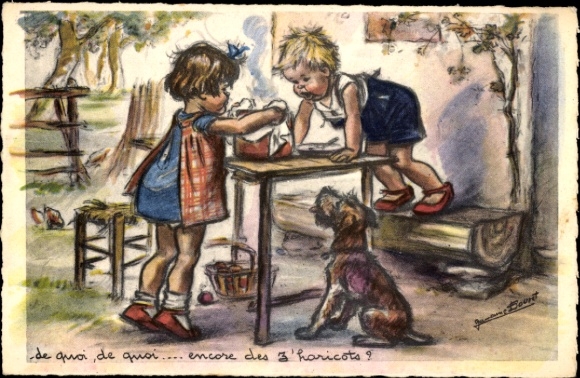 Artist Postcard Bouret, Germaine, children, dog, curiosity, table