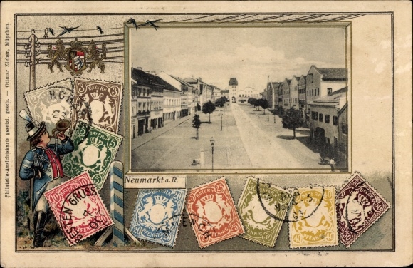 Embossed stamps PC Neumarkt Sankt Veit an der Rott Upper Bavaria, road section with gate