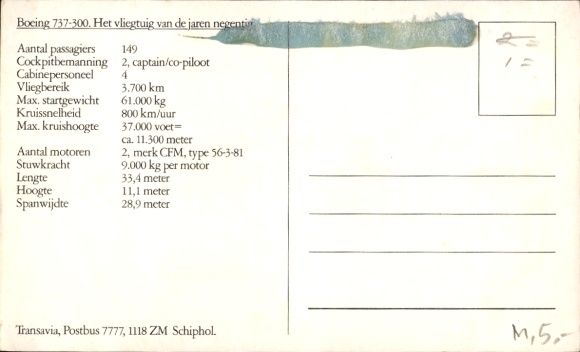 Postcard Dutch passenger aircraft, Boeing 737 300, Transavia