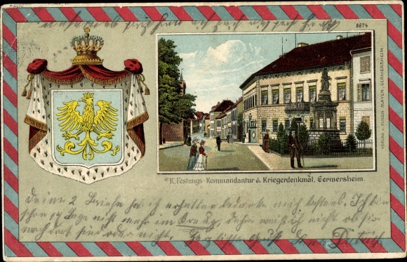 Embossed coat of arms Chromo-Litho Germersheim in the Rhine plain of Rhineland-Palatinate, commander&#39;s office, war memorial