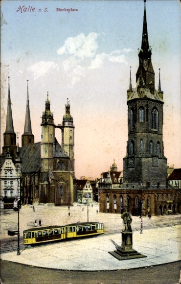 Ak Halle an der Saale, Halle a. S., Marktplatz,  Gebäude, Straßenbahn, Statue