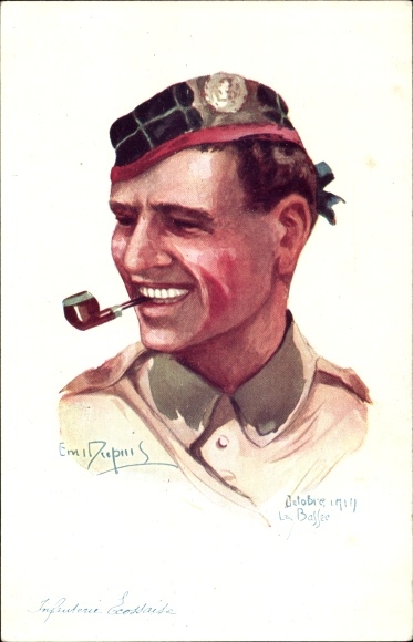 Kunstenaar Ak Dupuis, Em., Infantry Ecossaise, Schotse infanterist, die een pijp rookt