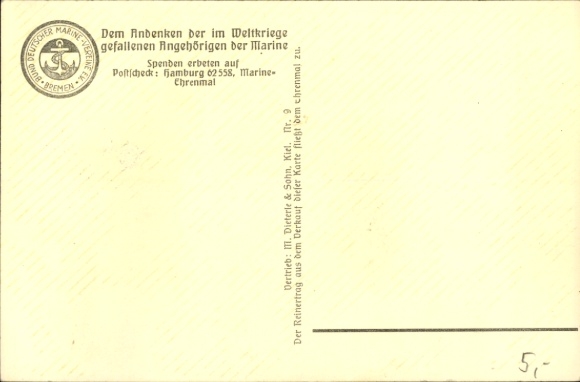 Postcard Naval Memorial Laboe, German warship, cruiser Karlsruhe, Kriegsmarine, lowered flag