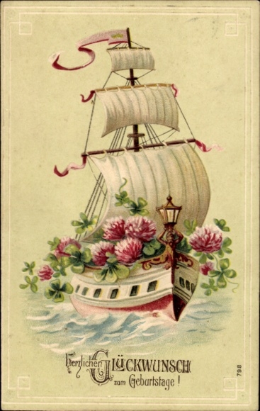Embossed PC congratulations birthday, clover, sailing ship