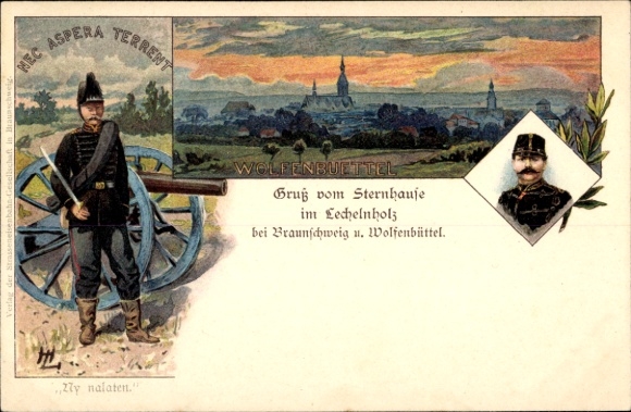 Litho Lechelnholz Wolfenbüttel, Artillerie, Sternhaus, Nec Aspera Terrent, Soldat mit Geschütz