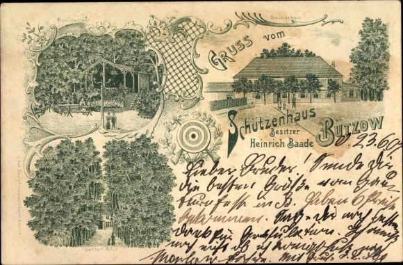 Chromo-Litho Bützow in Mecklenburg, Schützenhaus, garden, avenue