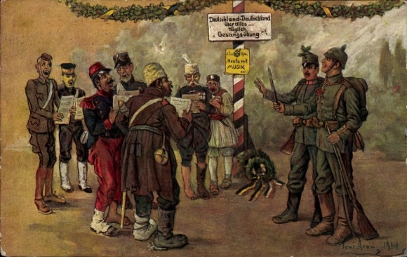 Künstler Ak Aram, Toni, Deutschland über alles, Gesangsübung mit Kriegsgefangenen, 1914