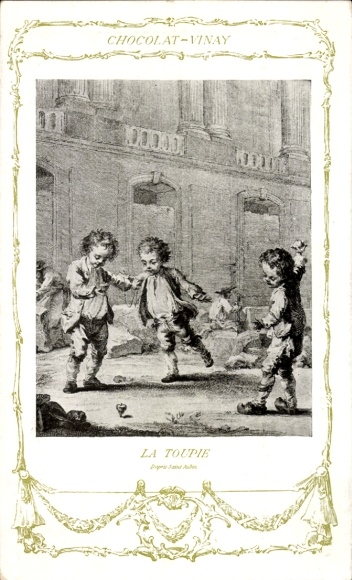 Postcard Three boys playing on a square, advertising chocolate Vinay