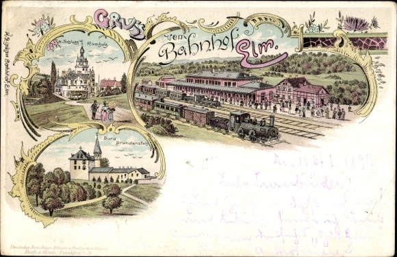 Chromo-Litho Elm Schluechtern in the Main Kinzig district, train station, track side, Brandenstein Castle, Ramholz Castle