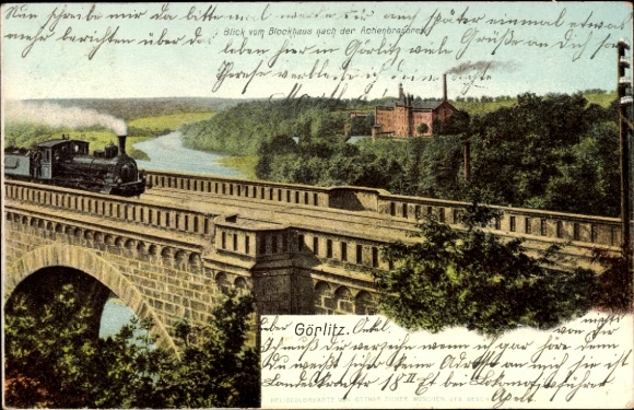 Ak Görlitz in Lausitz, zicht vanaf de bunker naar de Aktienbrauerei, stoomlocomotief, brug, trekker