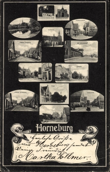 Ak Horneburg in de wijk Stade, kerk, Langestrasse, Marschdamm, treinstation, postkantoor, voorplein