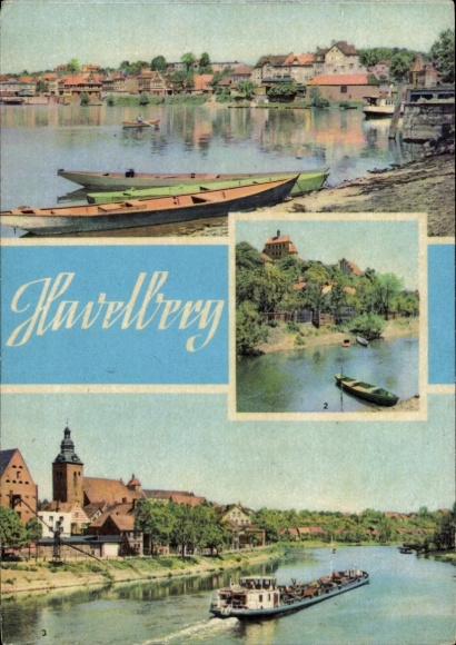Postcard Havelberg in Saxony-Anhalt, river, boats, old buildings, landscape