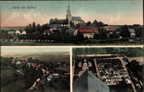 Postcard Köthel Schönberg in Sachsen, general view, church, cemetery